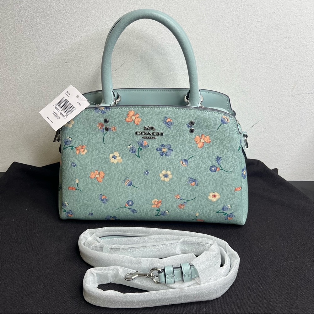Coach Mini Lillie Carryall Purse With Mystical Floral Print Teal Silver C8216